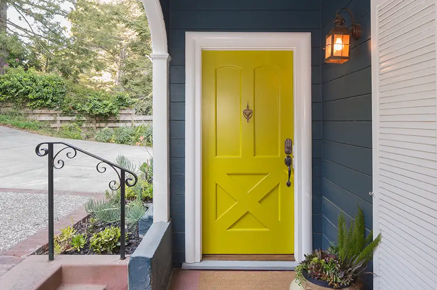 Handyman services - Doors, bright yellow front door with hardware and security features - Springfield, IL