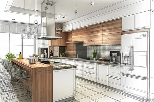 Golden Rule Handyman & Painting Service—Stylish kitchen remodel interior with modern furniture in a combination photo and sketch of a kitchen space in Springfield, IL.